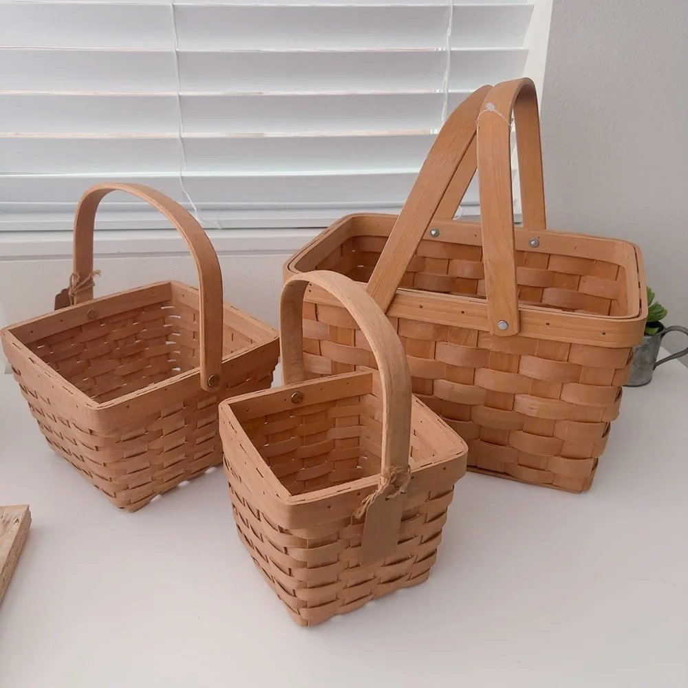 3pcs square woodchip picnic hand woven basket with double folding handle ,